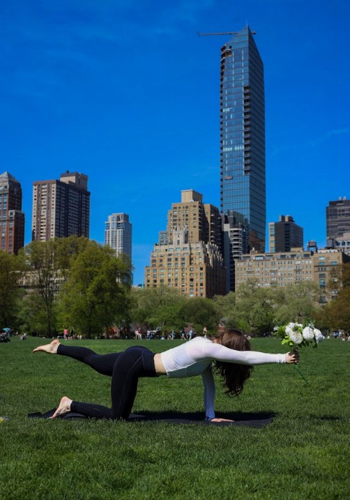 Erin holding a bird-dog pose on a mat in Central Park with the Manhattan skyline behind her.